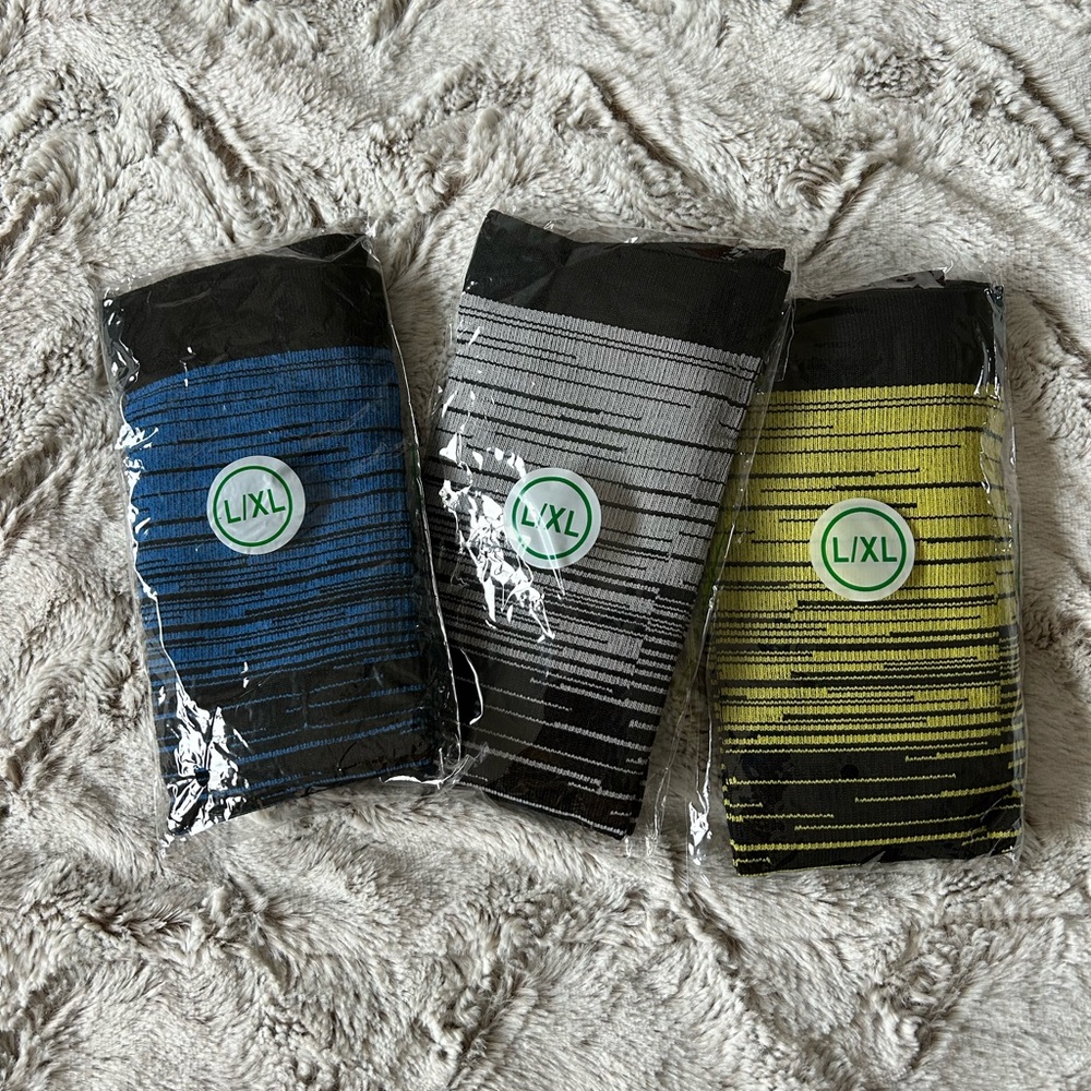 Three pairs compression socks. Size Large. Striped Socks - Blue, Gray, Yellow